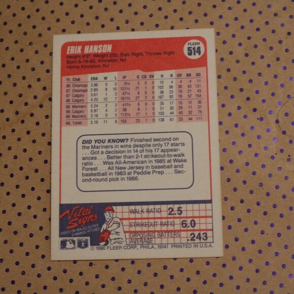 Erik Hanson #514 Baseball Card - Picture 2 of 2